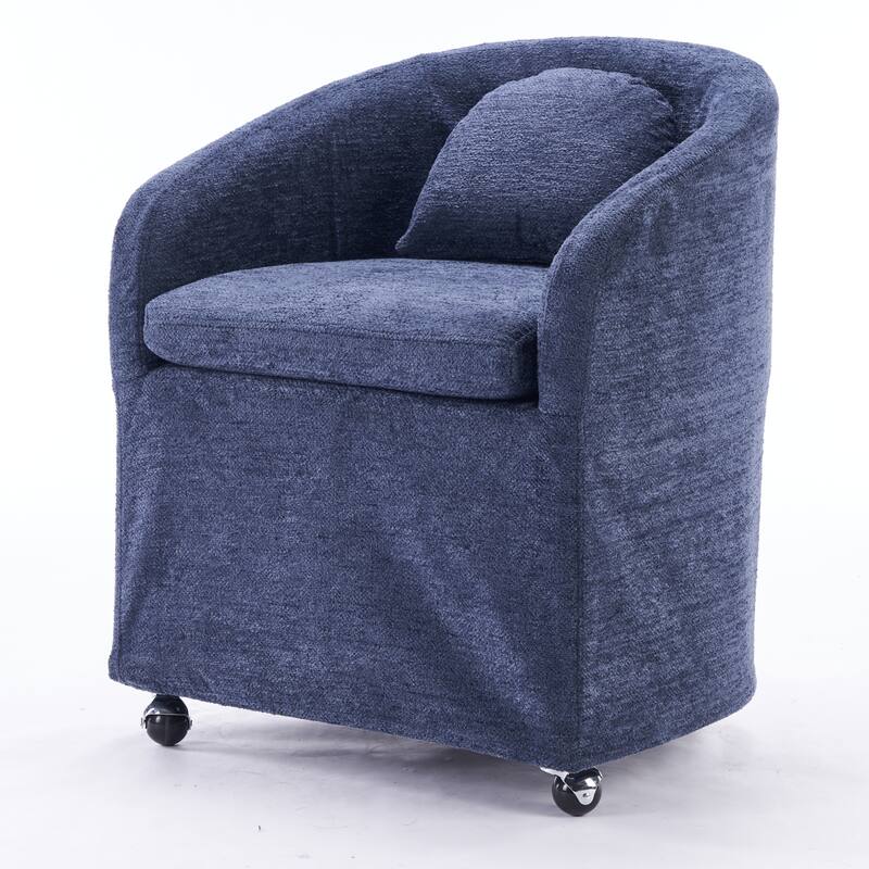 Single Chenille Fabric Dining Chair with 360° Revolving Wheels and Back Cushion - Blue