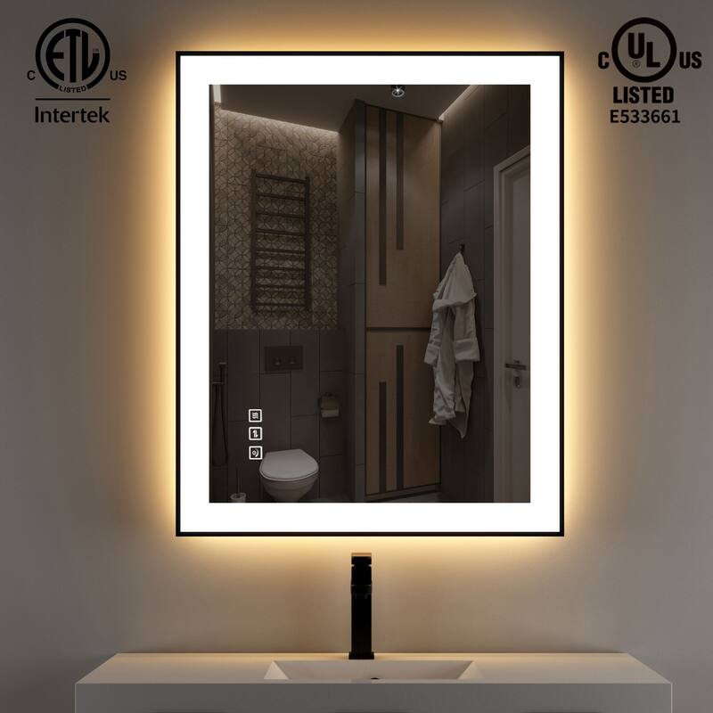 TOOLKISS Black Frame Anti-Fog Dimmable LED Light Vanity Bathroom Mirror with Backlit and Front Light - 36 inch.W x 28 inch.H - Right Angle Frame