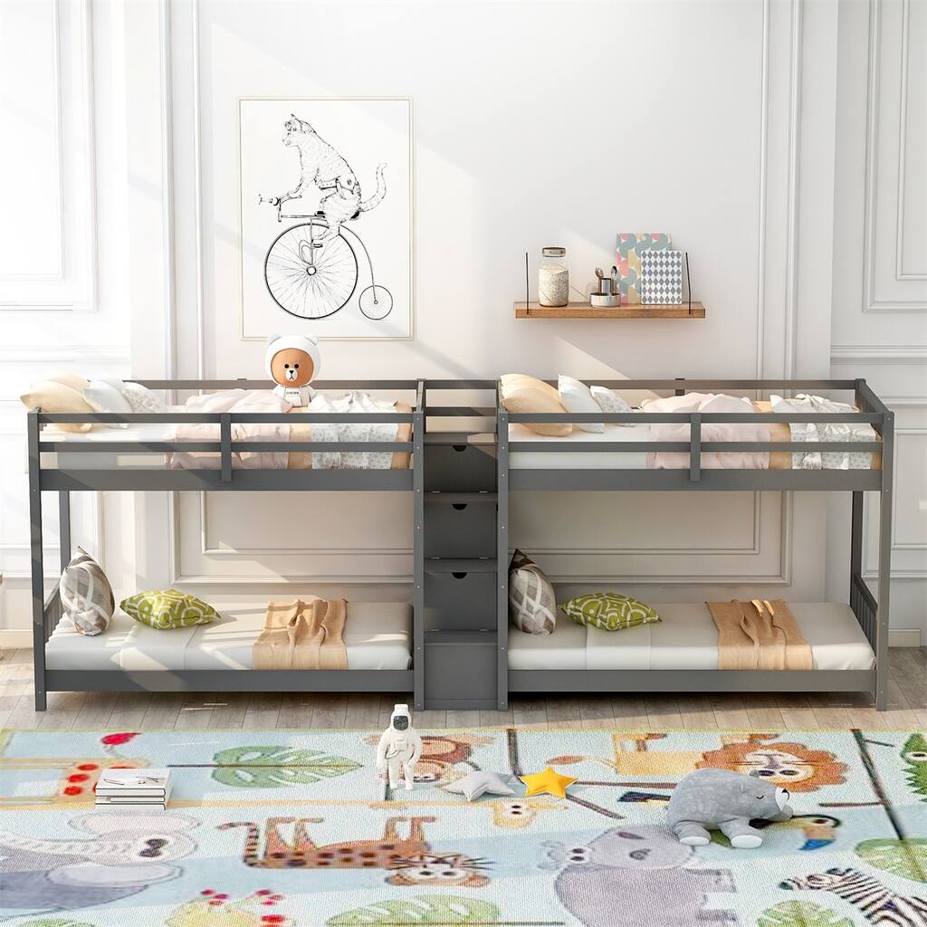 Merax Twin Over Twin Double Parallel Bunk Beds with Storage Staircase and Guardrails - Grey
