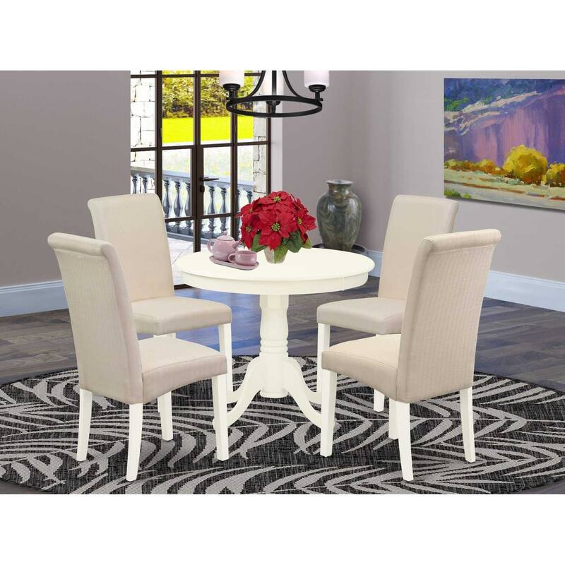 HomeStock 5-Piece Round Linen White Finish Solid Wood Top Dining Table with 4 Parson Chair with Lattice Back