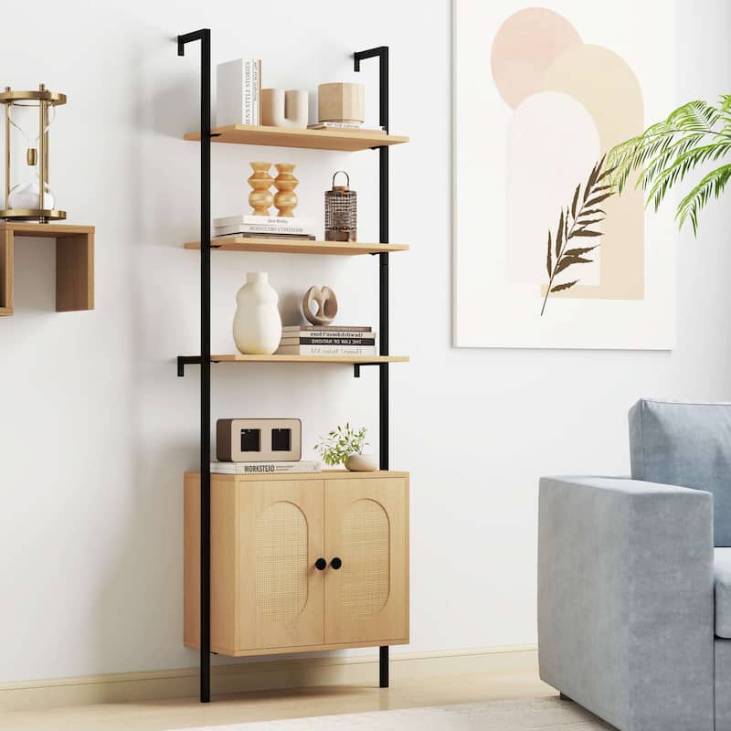 Costway 1/2 PCS Ladder Bookshelf with Rattan Cabinet 71" Tall Wall