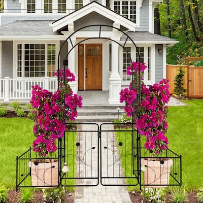 Outdoor Metal Garden Arbor with Gate & 2 Plant Stands, Rose Arch