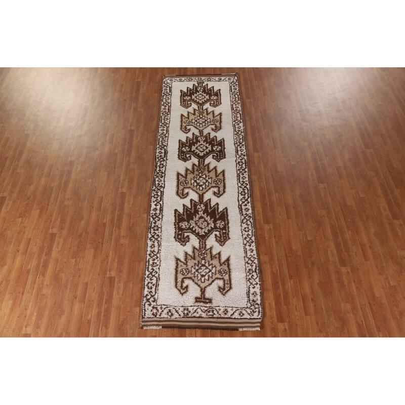 Tribal Anatolian Turkish Runner Rug Handmade Beige Wool Carpet - 3'6"x 11'9"