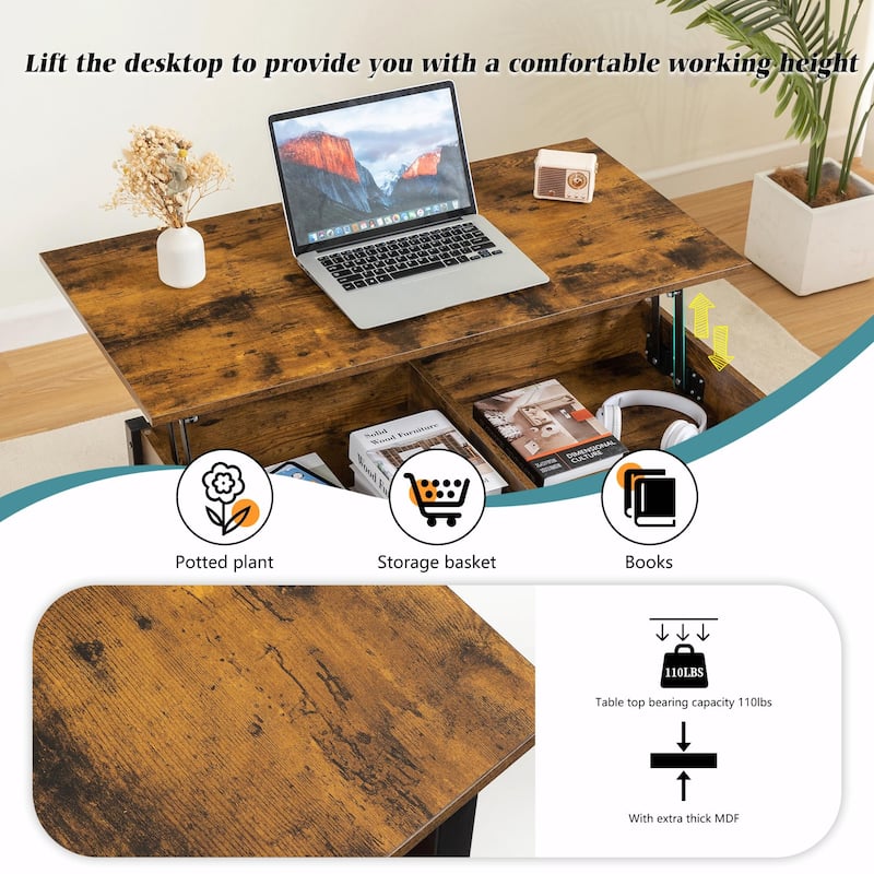 Metal Coffee Table with Lifting Top and Hidden Storage Space, Removable Wicker Baskets