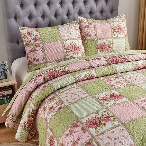 Pink Plaid Patchwork Quilt Set Bedspread