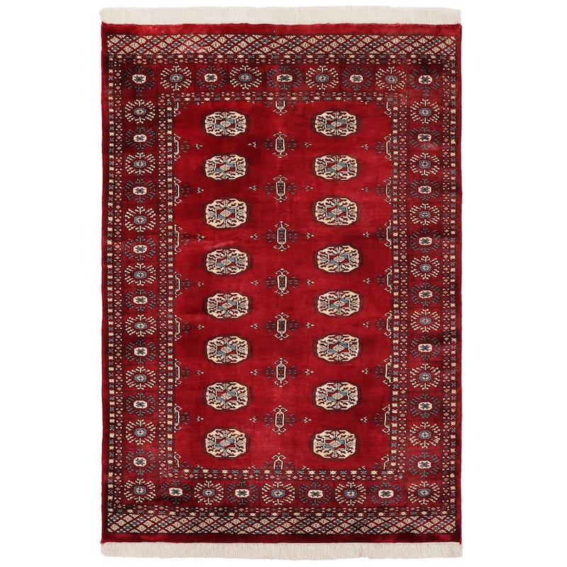 Southwestern Bokhara Kieran Red Blue Hand Knotted Rug - 4'0'' x 5'8''