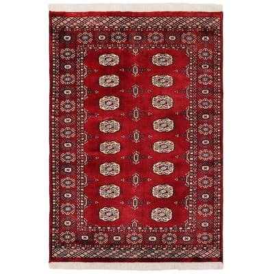 Southwestern Bokhara Kieran Red Blue Hand Knotted Rug - 4'0'' x 5'8''