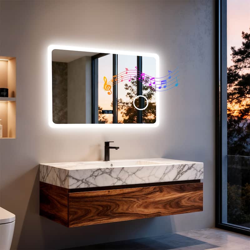 Bluetooth LED Bathroom Vanity Wall Mounted Mirror Double Speakers, 3X Magnifier, Backlit Mirror - 31.50" x 23.62"