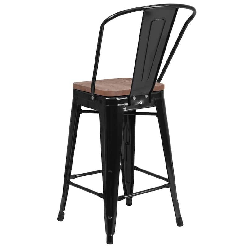 4 Pack 24" High Metal Counter Height Stool with Back and Wood Seat - 17.75"W x 20"D x 39.25"H