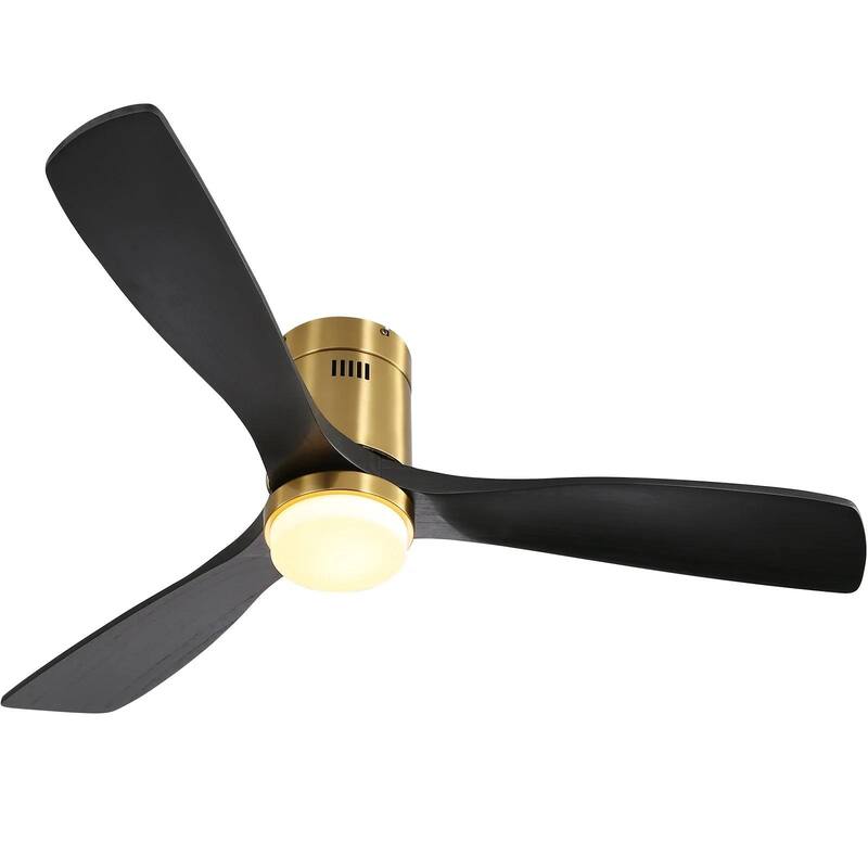 52" Flush Mount Ceiling Fan with Light, Noiseless Reversible Motor Ceiling Fan for Indoor Outdoor, 3 Solid Wood Fan Blades