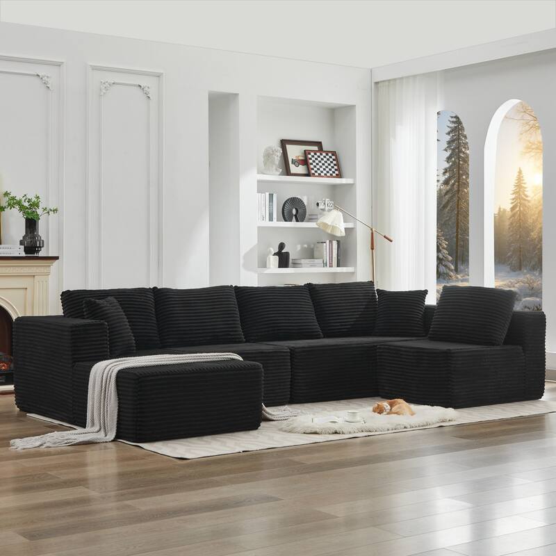 Modular Sectional Sofa with L-Shape Chaise, Oversized Corduroy Upholstered Cloud Sofa, Deep Seat Sofa with 2 Throw Pillows