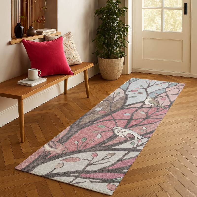 Machine Washable Indoor/ Outdoor Bird Mosaic Chantille Rug