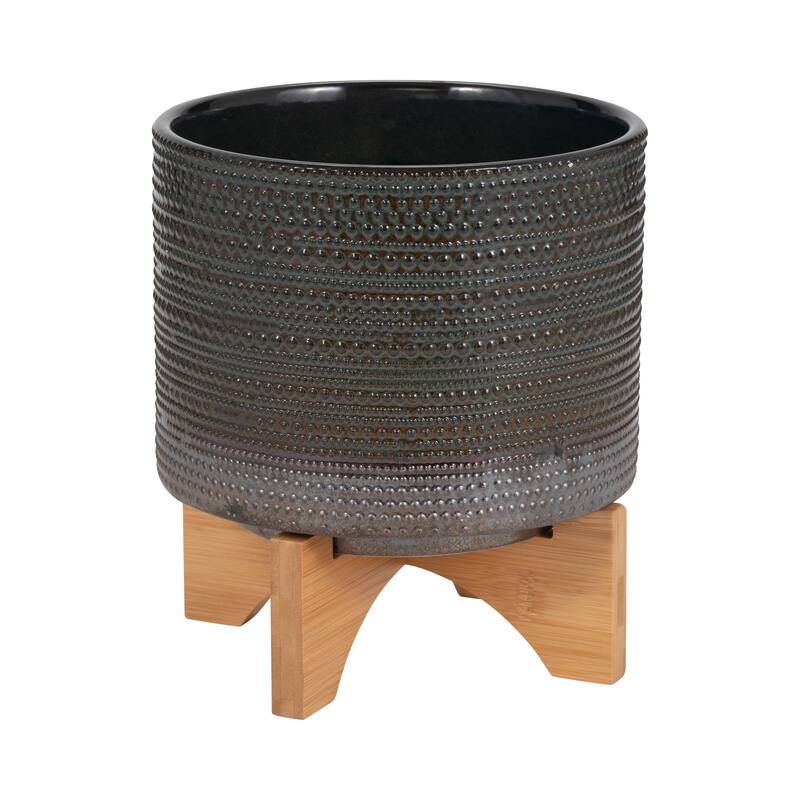 Sagebrook Home Ceramic Planter with Natural Wood Stand