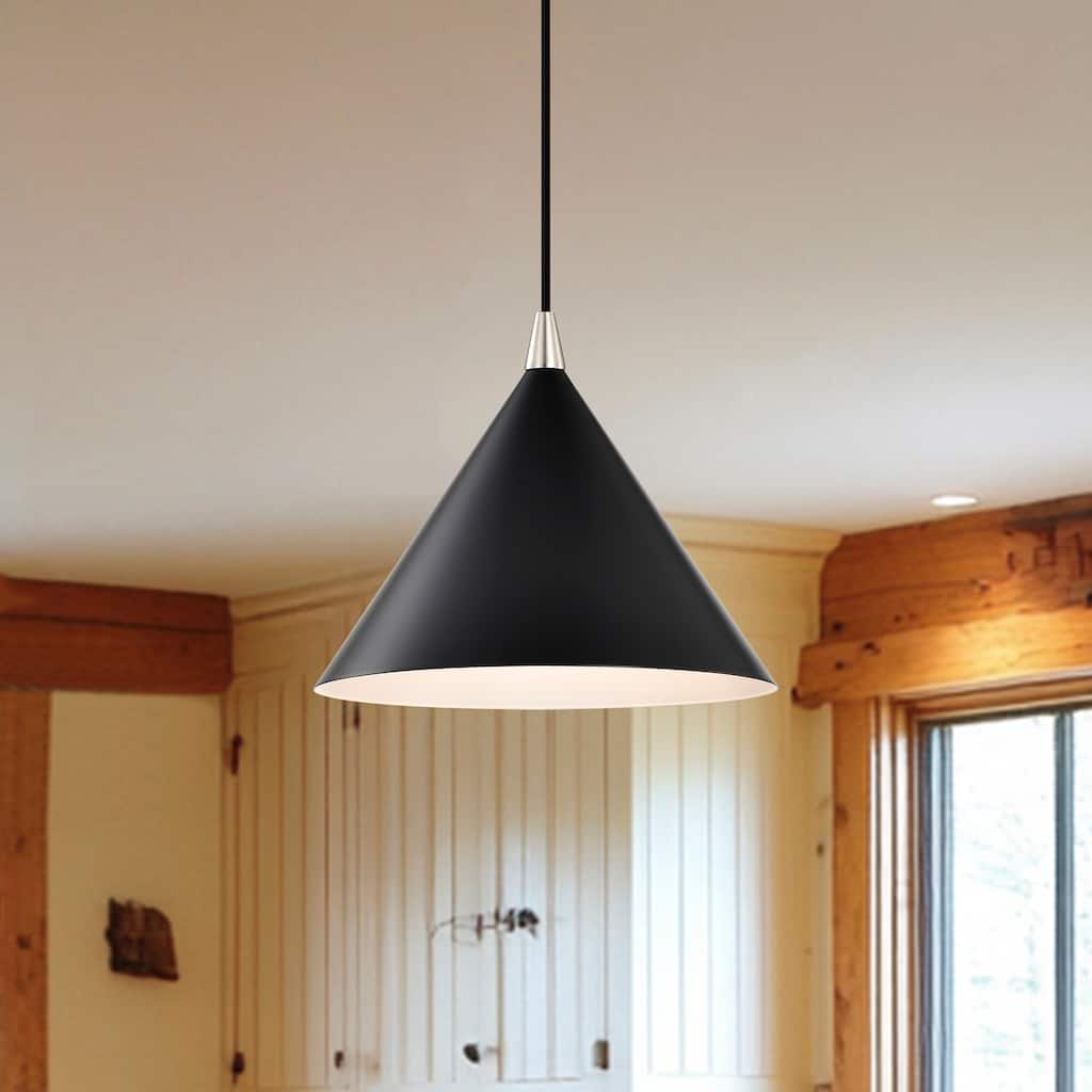 1-Light Matte Black and Brushed Nickel 10 in. Mini Pendant Light with Cone Metal Shade