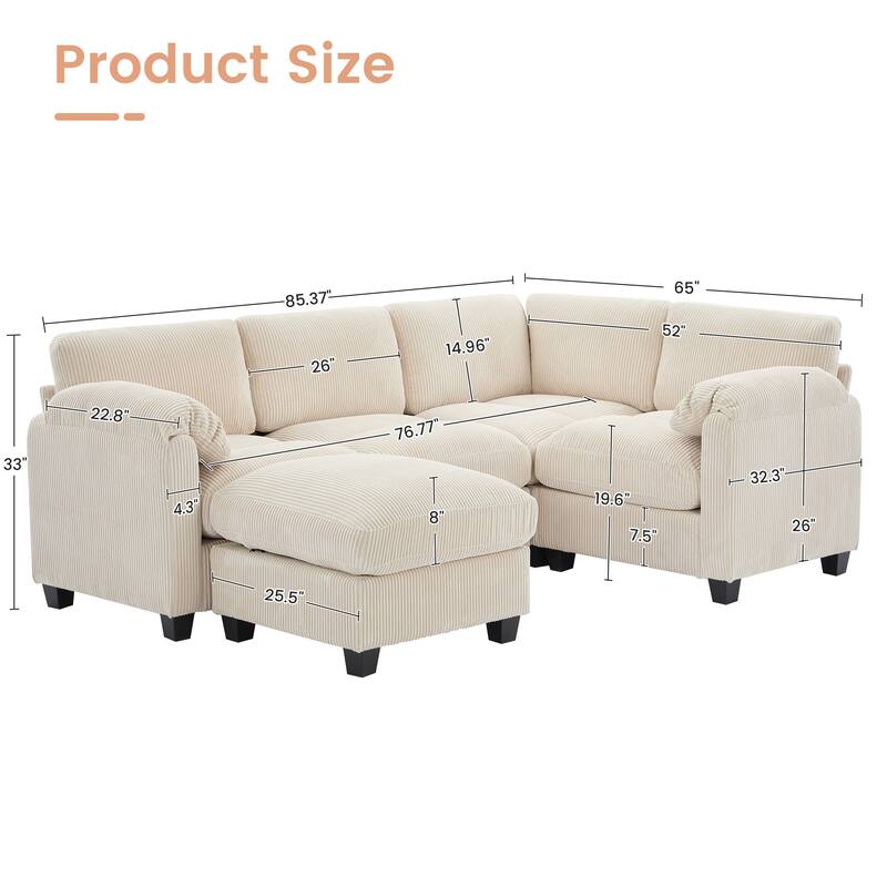 5-Seater Corduroy Sectional Sofa, Removable Ottoman, Modular Design