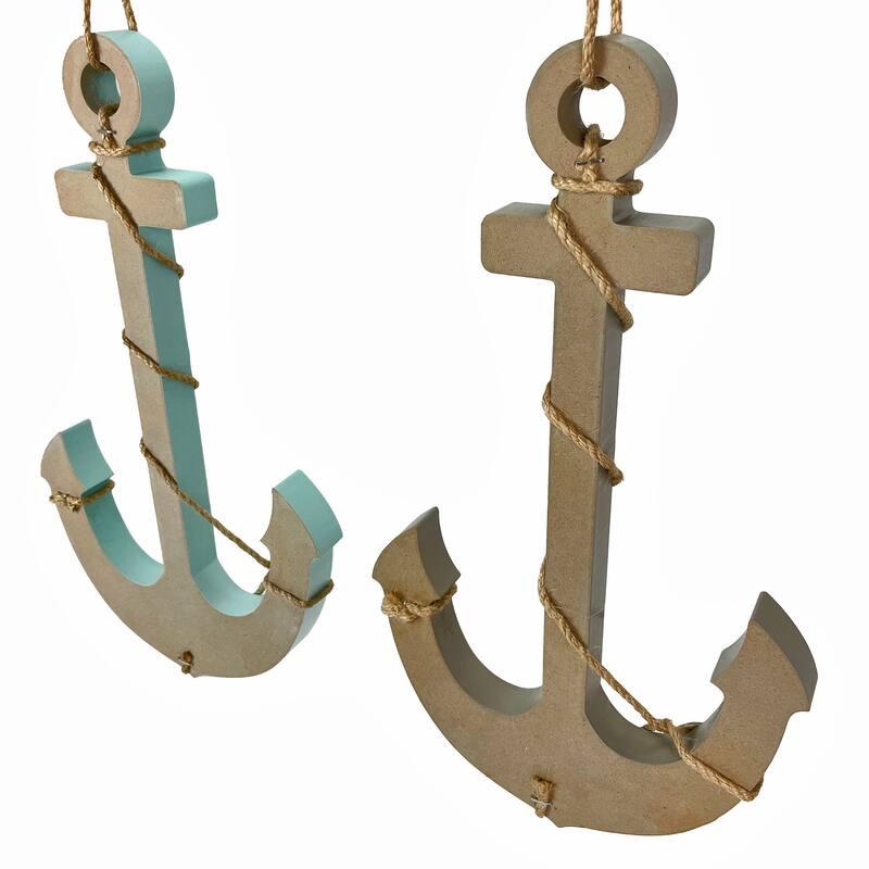 Set Of 2 Wood Nautical Wall Anchors 15In Rope Beach Coastal Decor Blue