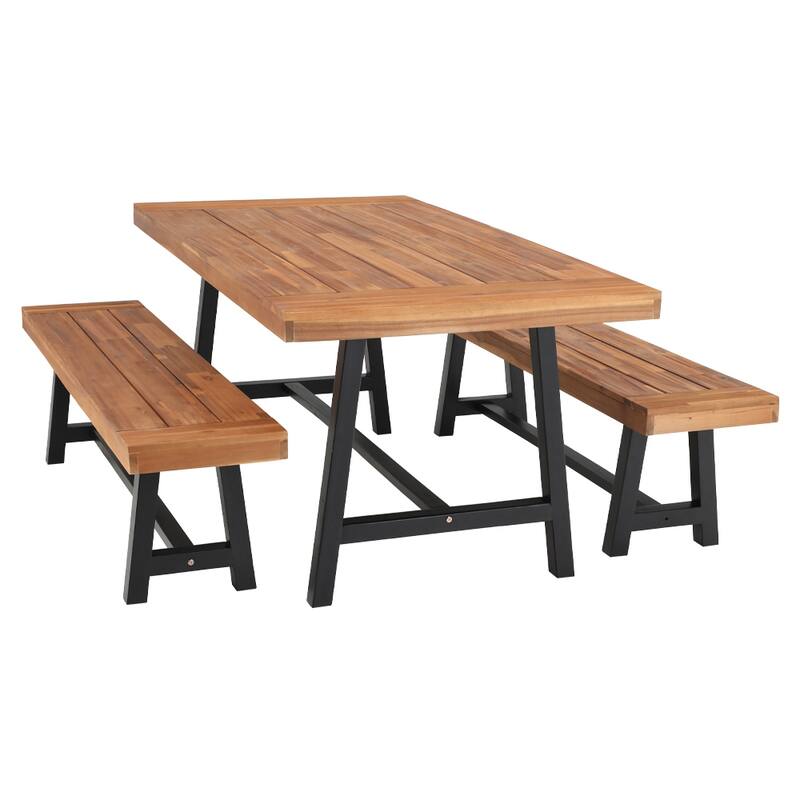 MAISON ARTS 1 PCS Acacia Wood Bench/3PCS Patio Dining Set with 1 Rectangular Table and 2 Benches
