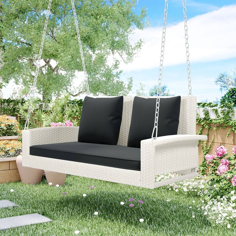2-Person Wicker Hanging Porch Swing with Chains, Cushion, Pillow, Rattan Swing Bench for Garden, Backyard, Pond