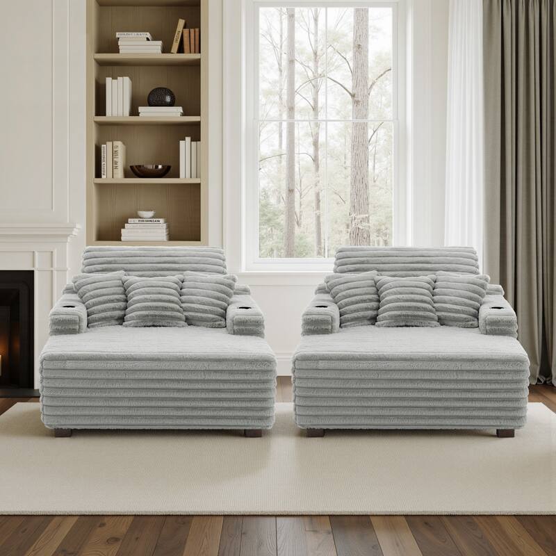 53"W Oversized Plush Fur-Like Chaise Lounge Sofa with Cup Holder