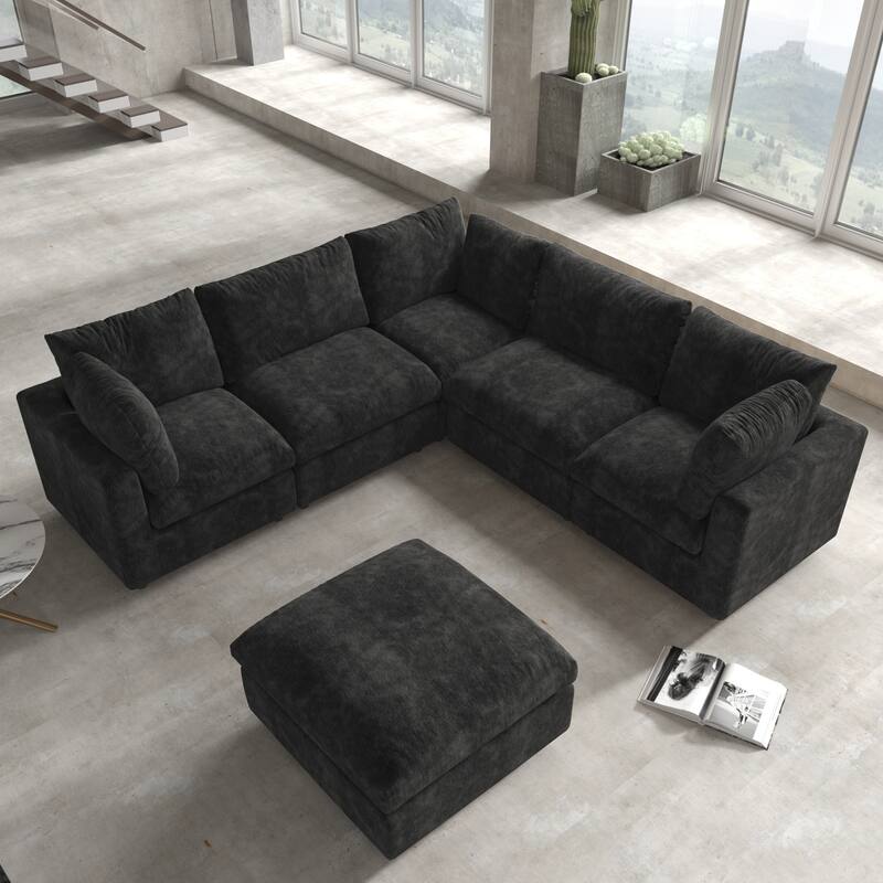 Living Room Corner Sofa Minimalist Upholstered Cushion Sofa Chenille Modular Sectional Couch with Ottoman