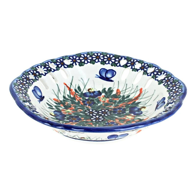 Blue Rose Polish Pottery 32A WR Unikat Small Fruit Dish - Spring Butterfly