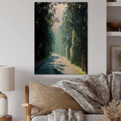 Designart 'Road In The Jungle At Sunset' Country Wood Wall Art - Natural Pine Wood