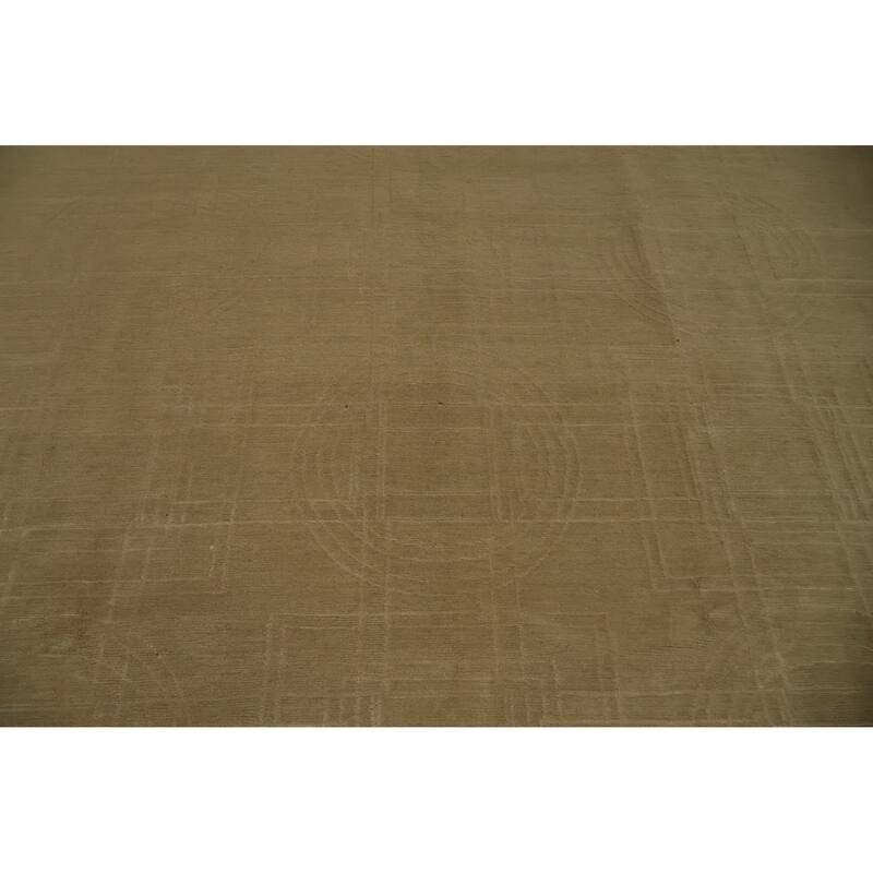 Hand Knotted Oriental Wool & Silk Carpet Modern Geometric Beige & Ivories Nepalese Area Rug - 10' 0'' X 8' 1''