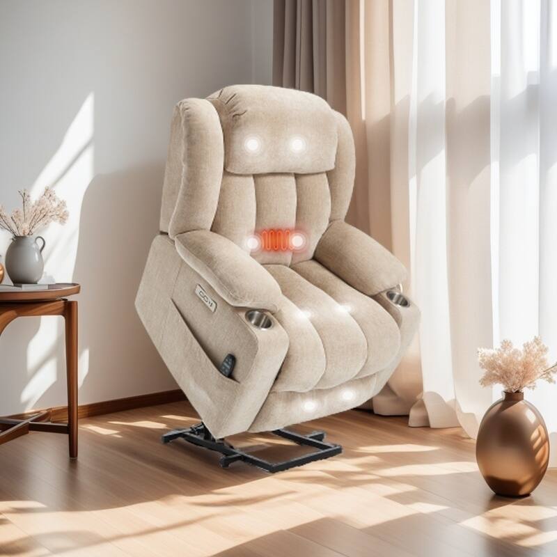 Power Lift Recliner with Massage, Heat, USB & Type-C Charging Ports, Stainless Steel Cup Holders - Beige