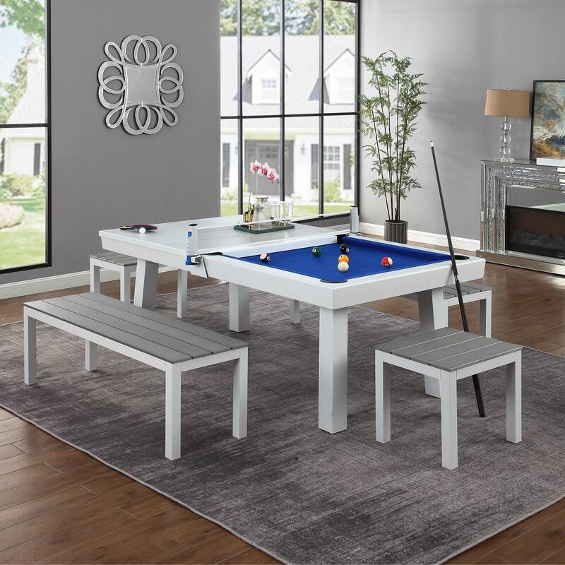 Newport Outdoor Patio 8ft Slate Pool Table 6-Seater Dining Set with 4 Benches & Accessories, White Finish - Royal Blue 