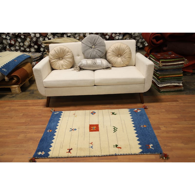 Hand Knotted Oriental 100% Wool Carpet Tribal Geometric Beige & Ivories Gabbeh Area Rug - 4' 2'' X 2' 10''