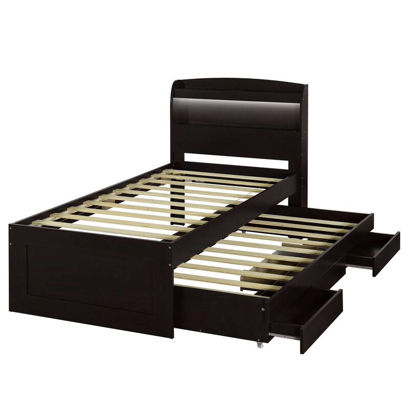 Twin XL Bed with LED Headboard, Charging Station, Trundle
