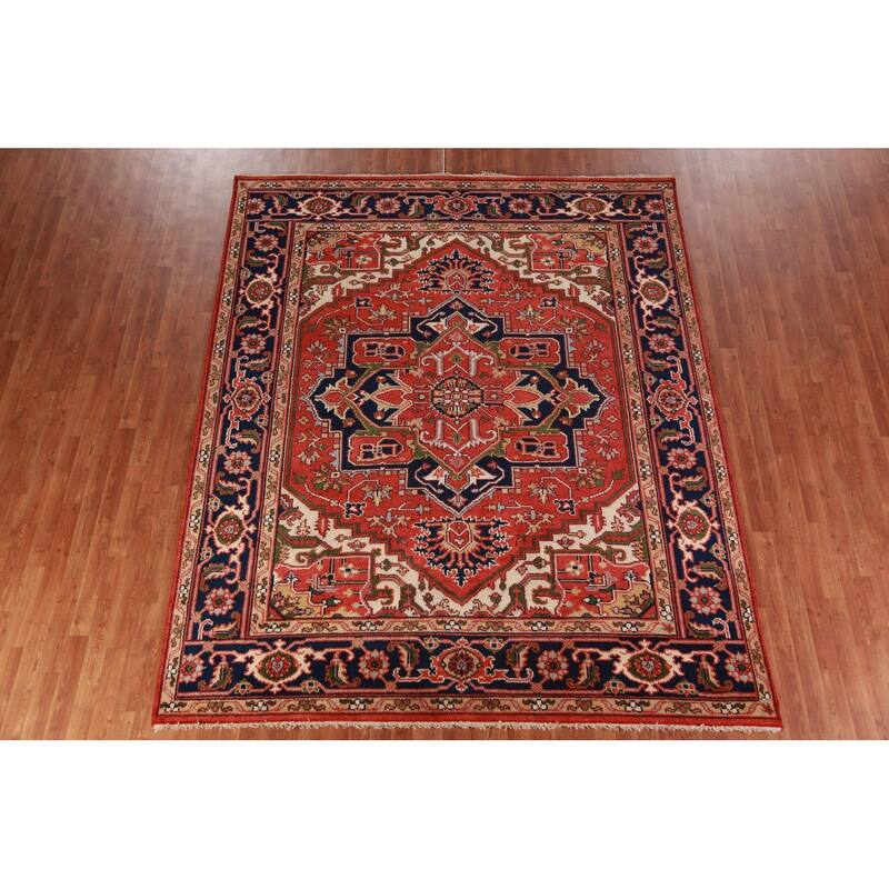 Hand Knotted Oriental 100% Wool Carpet Traditional Medallion Oranges & Rust Heriz (serapi) Area Rug - 9' 10'' X 8' 1''