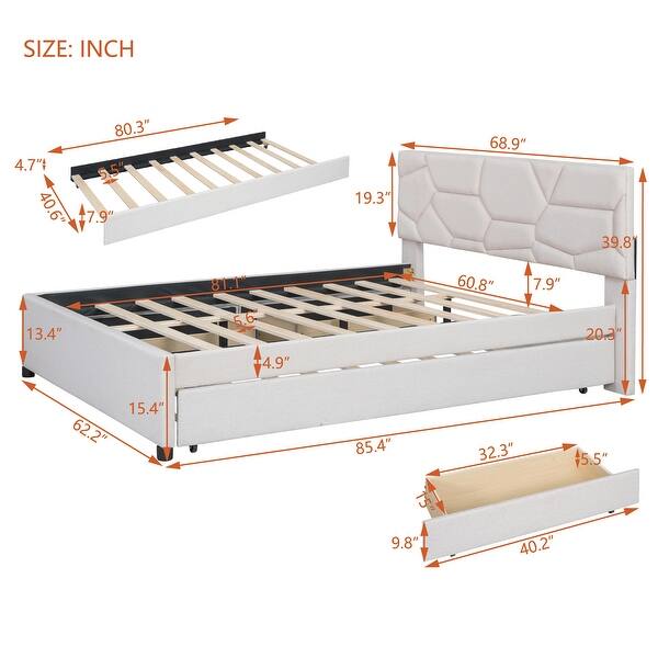 dimension image slide 1 of 2, Linen Fabric Platform Bed with Brick Pattern Headboard, with Twin XL Trundle and 2 Drawers, Queen Size