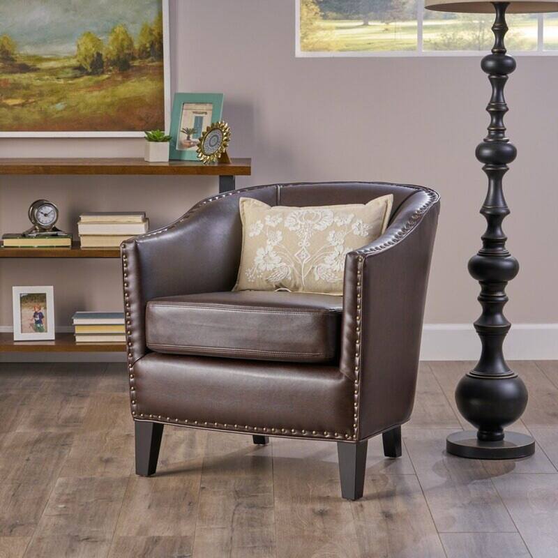 Roomfitters Faux Leather Club Chair with Nailhead Trim, Comfortable Cushioned Accent Armchair for Living Room Seating - Brown