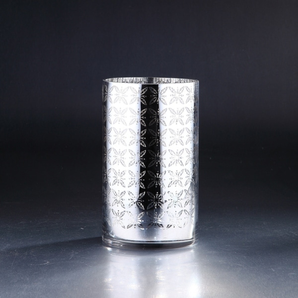 10" Metallic Silver Cylinder Hurricane Glass Vase Candle Holder - N/A