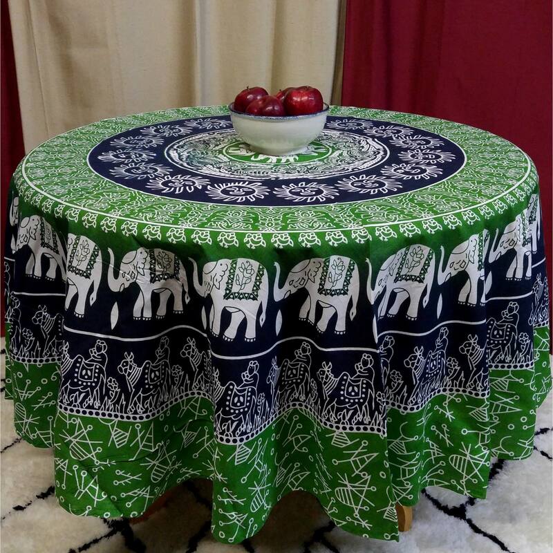 Cotton Flamboyant Elephant Floral Round Tablecloth Collection - Green