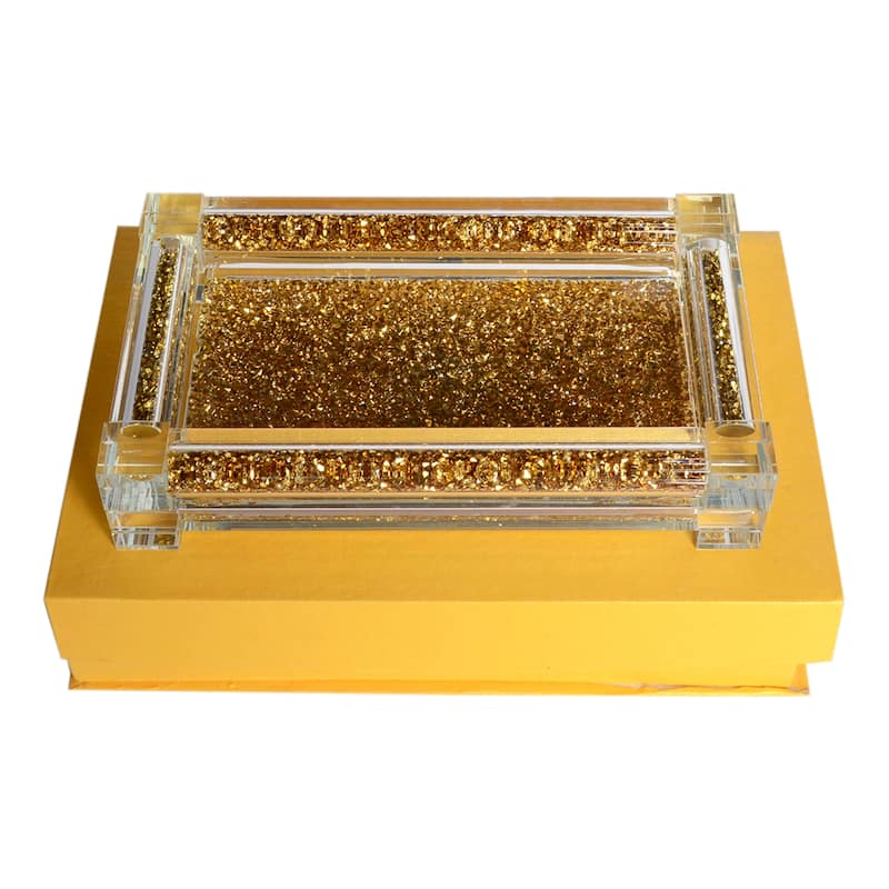 Ambrose Exquisite Small Glass Tray in Gift Box - 9 In. L x 5.5 In. W x 2in. H - Gold