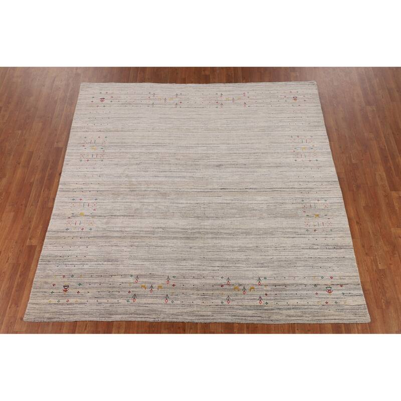Earth Tone Gabbeh Indian Square Area Rug Handmade Beige Wool Carpet - 7'10" X 8'0"