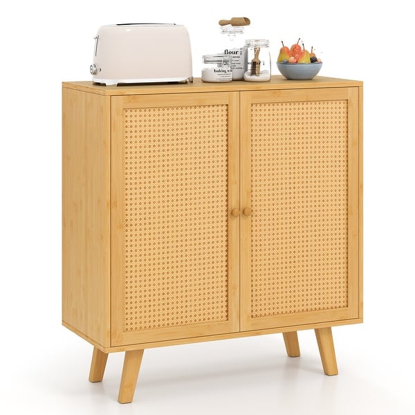 slide 2 of 10, Gymax Bamboo Buffet Cabinet w/ PE Rattan Doors Freestanding Kitchen Natural