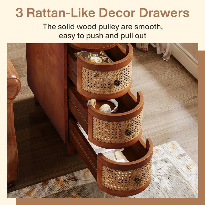 Solid Wood End Table, 3-Drawer Rattan Side Table, Night Stand with Exquisite Embossed Handles for Living Room