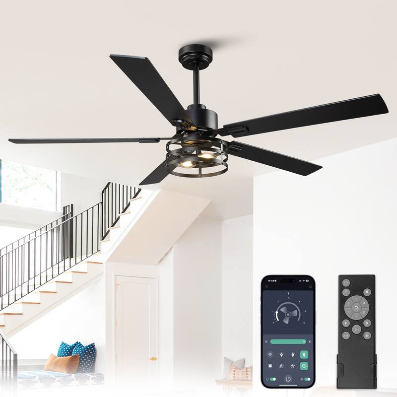 Vaczon 52" Industrial Reversible Wood 5-Blade Black Ceiling Fan with Light and APP Control - 60" Fan Span