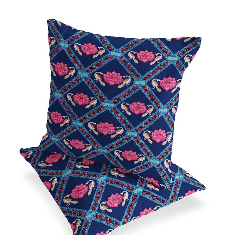 HomeRoots Set of Two 16" X 16" Blue and Pink Peacock Blown Seam Floral Indoor Outdoor Throw Pillow - 16.00' X '16.00' X '5.00