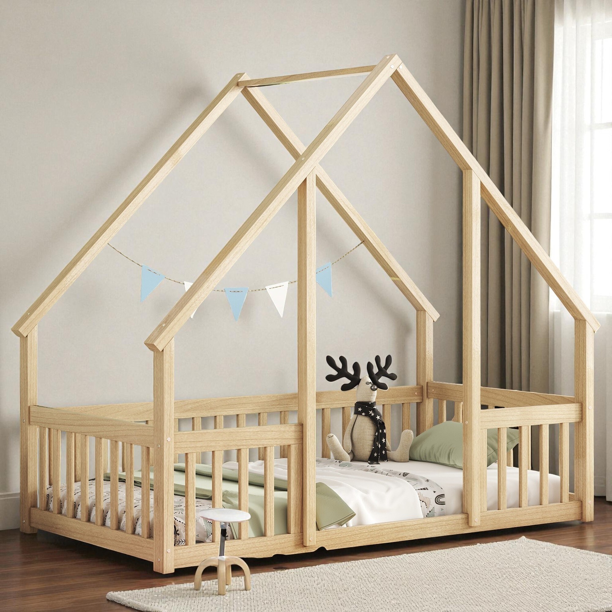 Twin/Full Size Wooden House-Shaped Floor Bed with Fence and Guardrails, Kids Montessori Bed with Roof Frame