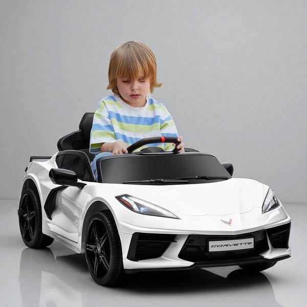 slide 2 of 24, 12V Chevrolet Corvette Licensed Kids Electric Car with Remote Control, Suspension, Music, Horn, Lights, for Ages 3-6 White