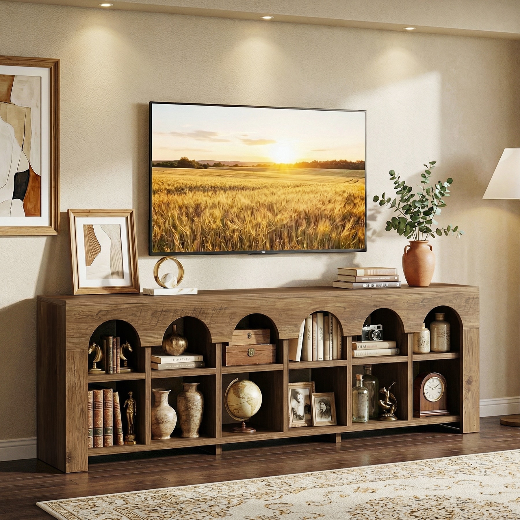 63" TV Stand for 65/70/75-Inch TVs, Farmhouse Entertainment Center with 12 Cubbies