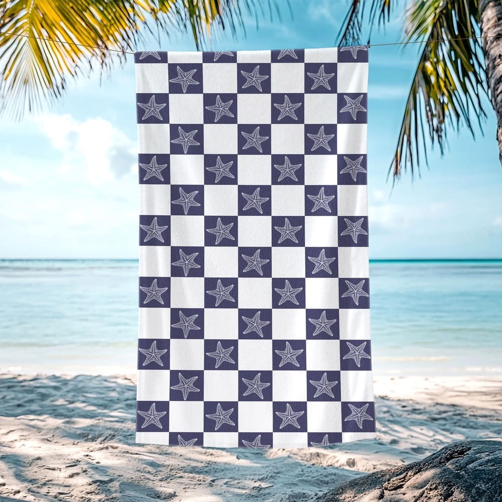 Starfish Checkered Beach Towel, Lightweight Quick Dry Swimming Towel 30"x60"