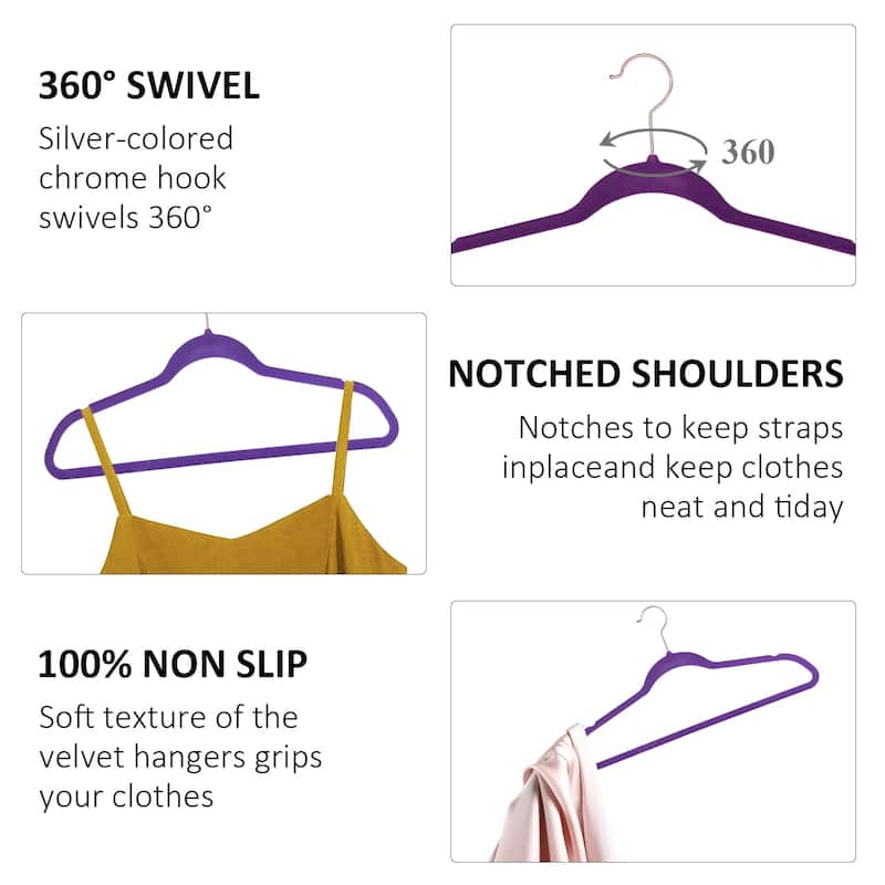 Javlergo 50/100 Pack Velvet Hangers, Heavy Duty Non Slip & Space-Saving Cloth Hangers with 6 Finger Clips & Tie Rack