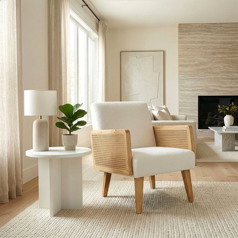 Ayaki White Woven Accent Chair with Rattan Arms