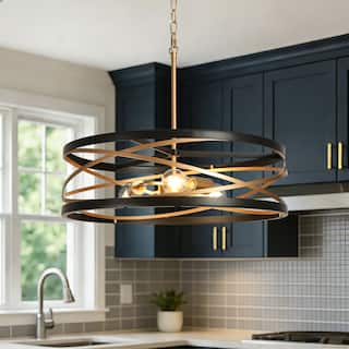 Dsmll Modern 3-Light Drum Chandelier Black and Brass Kitchen Island Pendant - D 22" x H 79" Max