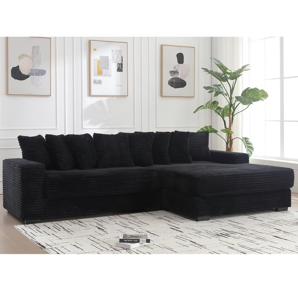 111" Corduroy Upholstered L-Shaped Sectional Sofa with Oversized Right Chaise Longue and 8 Throw Pillows